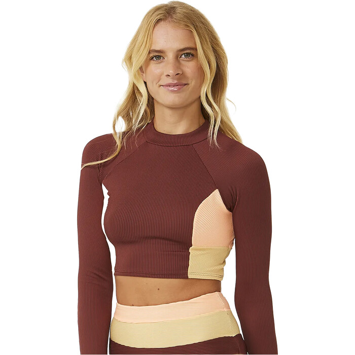 2024 Rip Curl Womens Block Party Spliced Long Sleeve Crop Top 0EIWSW - Plum